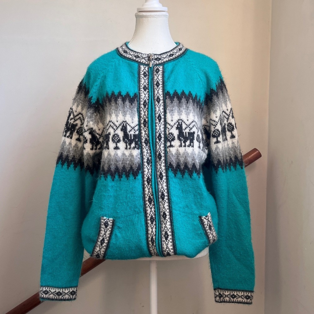 Vintage Alpaca Connection Teal Green Alpaca Knit Cardigan‎ Andean Folk